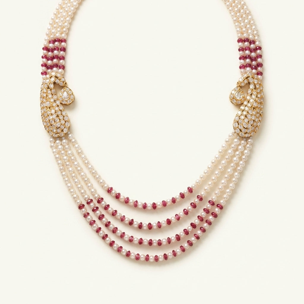 ZEVARAZ Aabha Ambi layered necklace, front catalog view of the four-strand layered necklace
