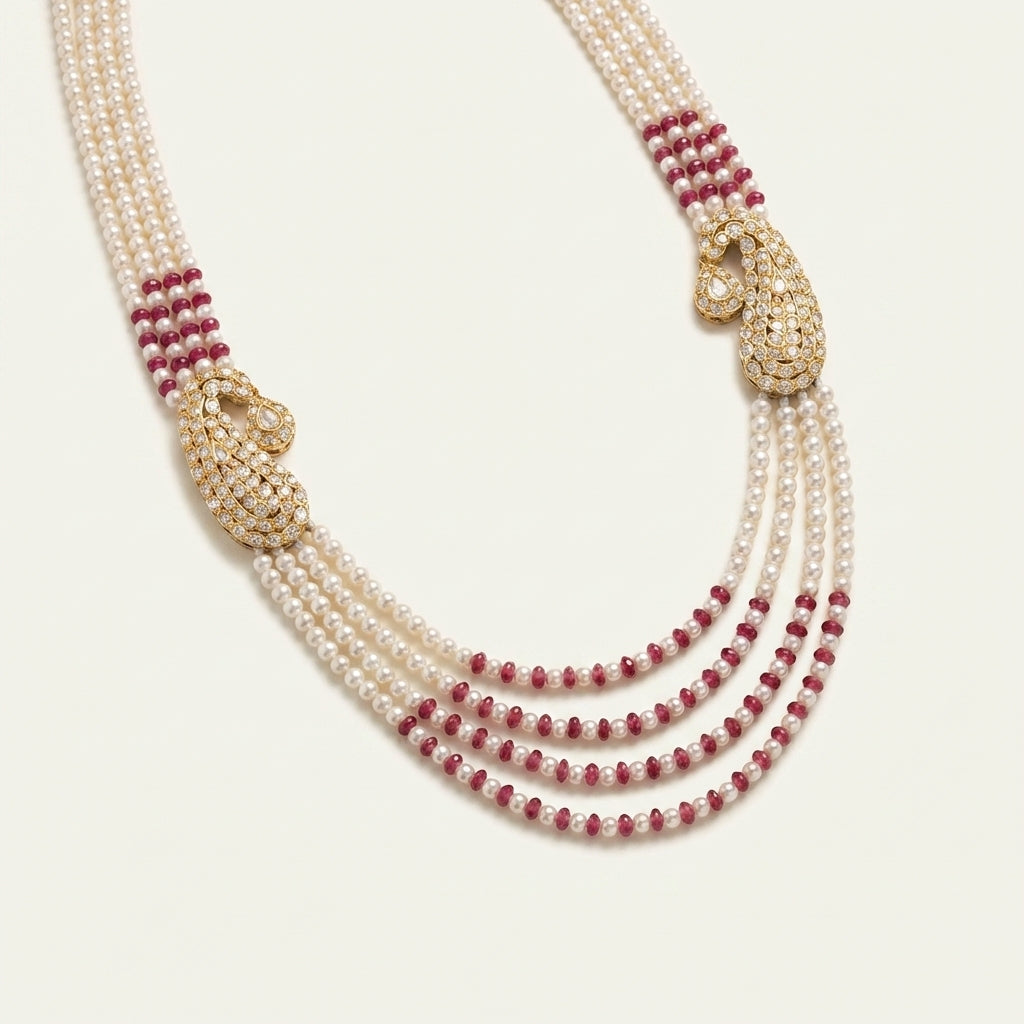 ZEVARAZ Aabha Ambi layered necklace, close view of the paisley shoulder motif and bead rows