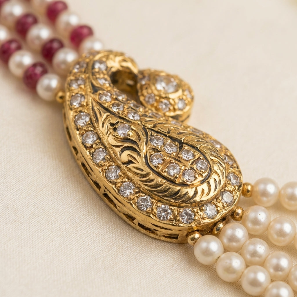ZEVARAZ Aabha Ambi layered necklace, detail of the pearl and red bead strands