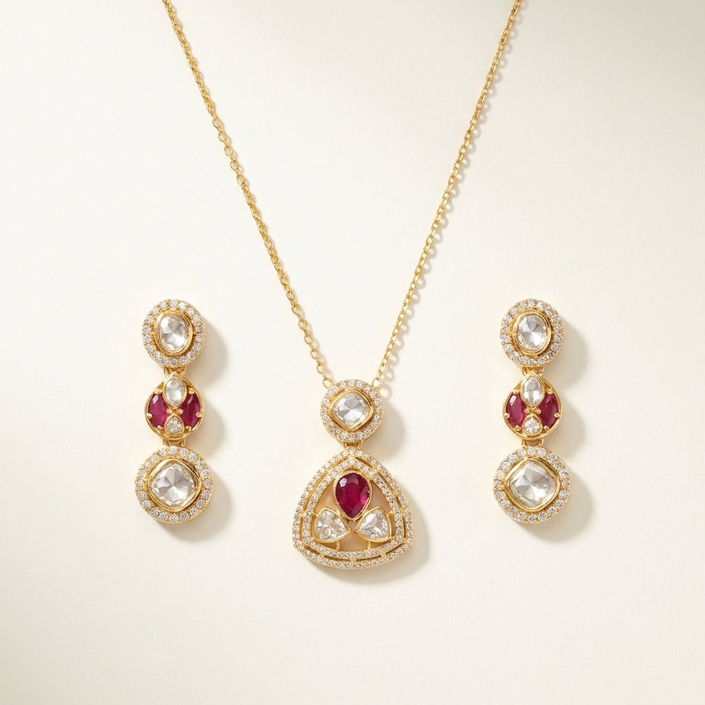 ZEVARAZ Aabha Trikon pendant set, front catalog view of the triangular pendant and earrings