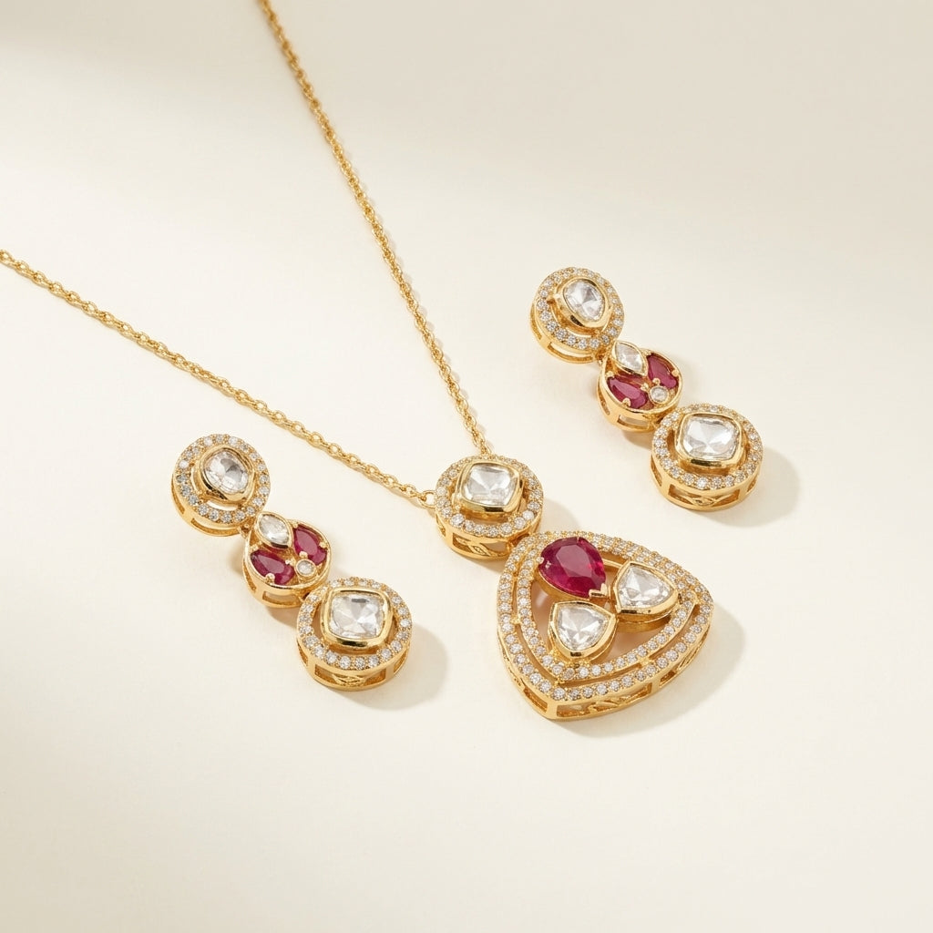 ZEVARAZ Aabha Trikon pendant set, close view of the red pear cut inside the pave outline