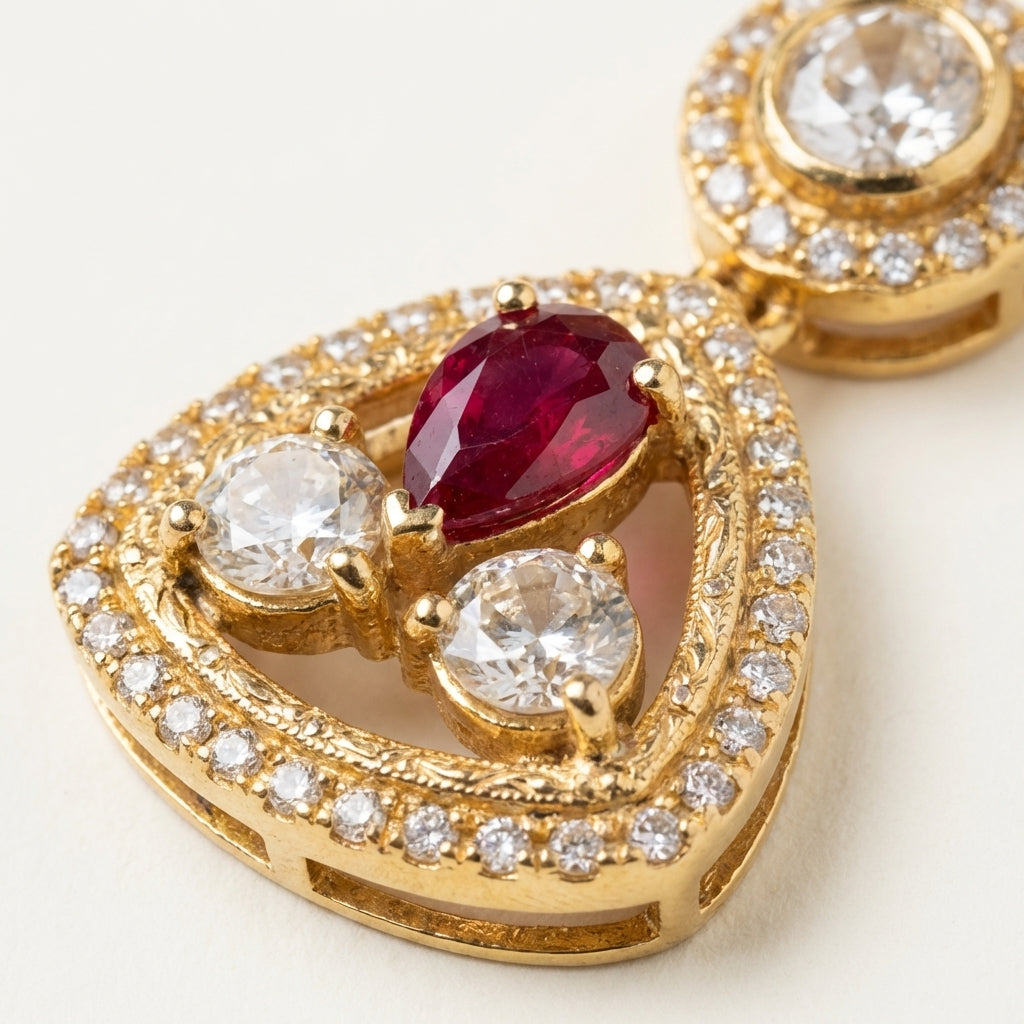 ZEVARAZ Aabha Trikon pendant set, detail of the three-tier drop earrings