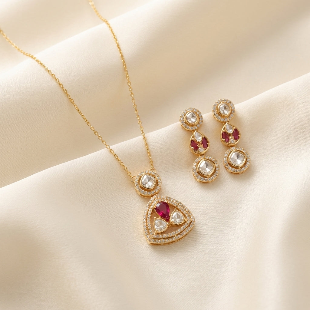 ZEVARAZ Aabha Trikon pendant set, pendant shown on its chain