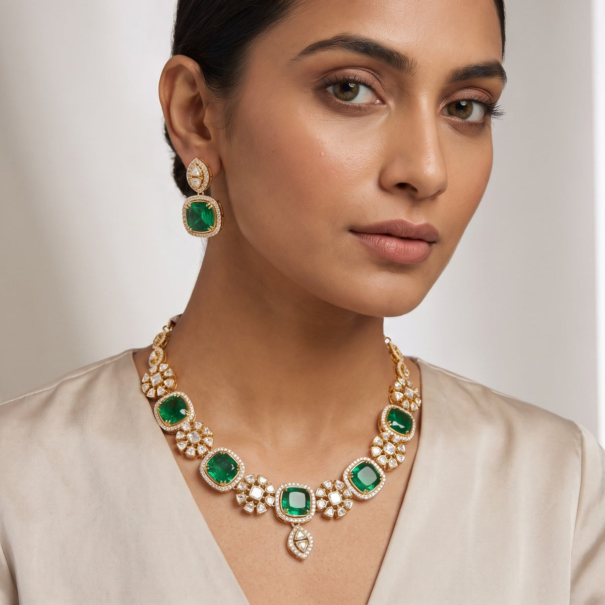 ZEVARAZ Aabha Panna necklace set, polki flower detail