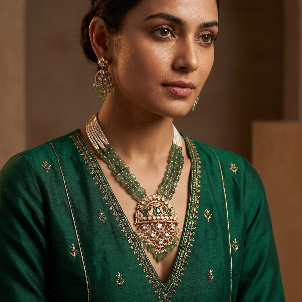 Model wearing the ZEVARAZ Aabha Padak Necklace Set