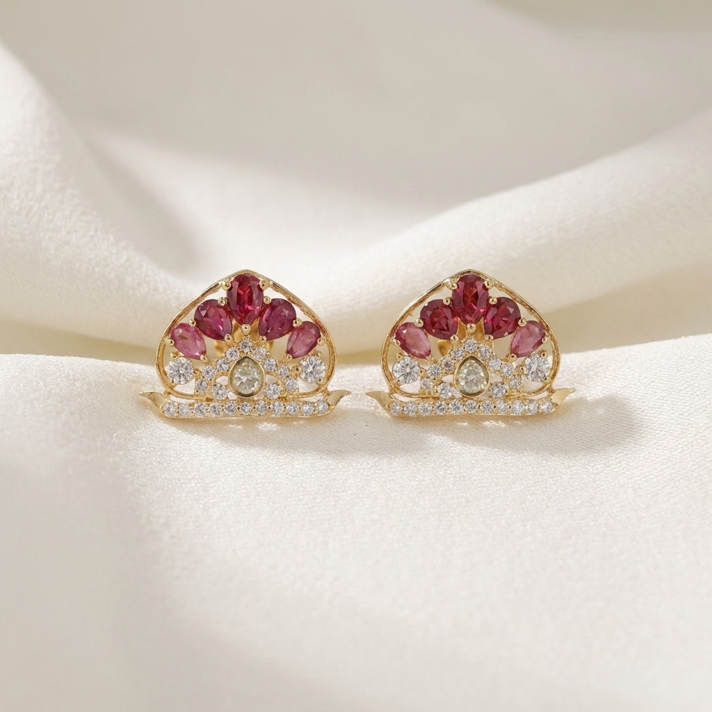 ZEVARAZ Ratna Nita Studs, macro detail of the pink pear-cut stones