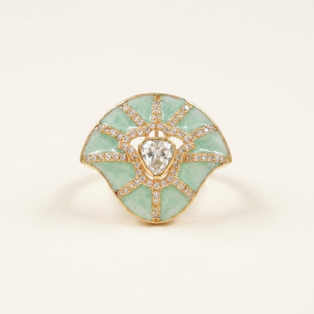 Front catalog view of the ZEVARAZ Ratna Harit Pankha Enamel Silver Ring