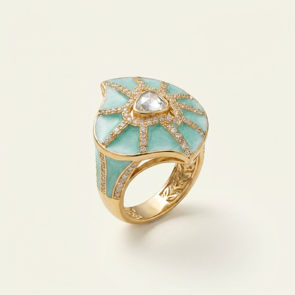 Angled view of the ZEVARAZ Ratna Harit Pankha Enamel Silver Ring