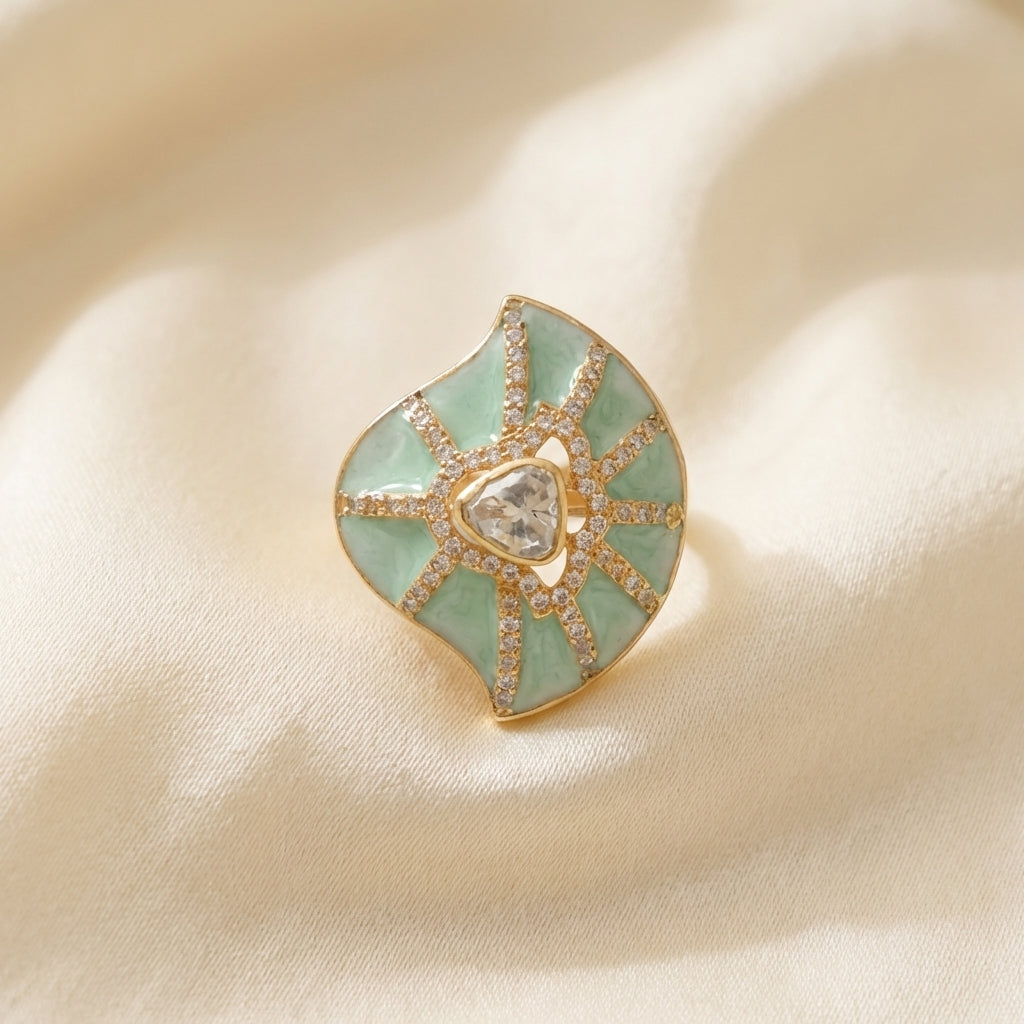 Side profile view of the ZEVARAZ Ratna Harit Pankha Enamel Silver Ring