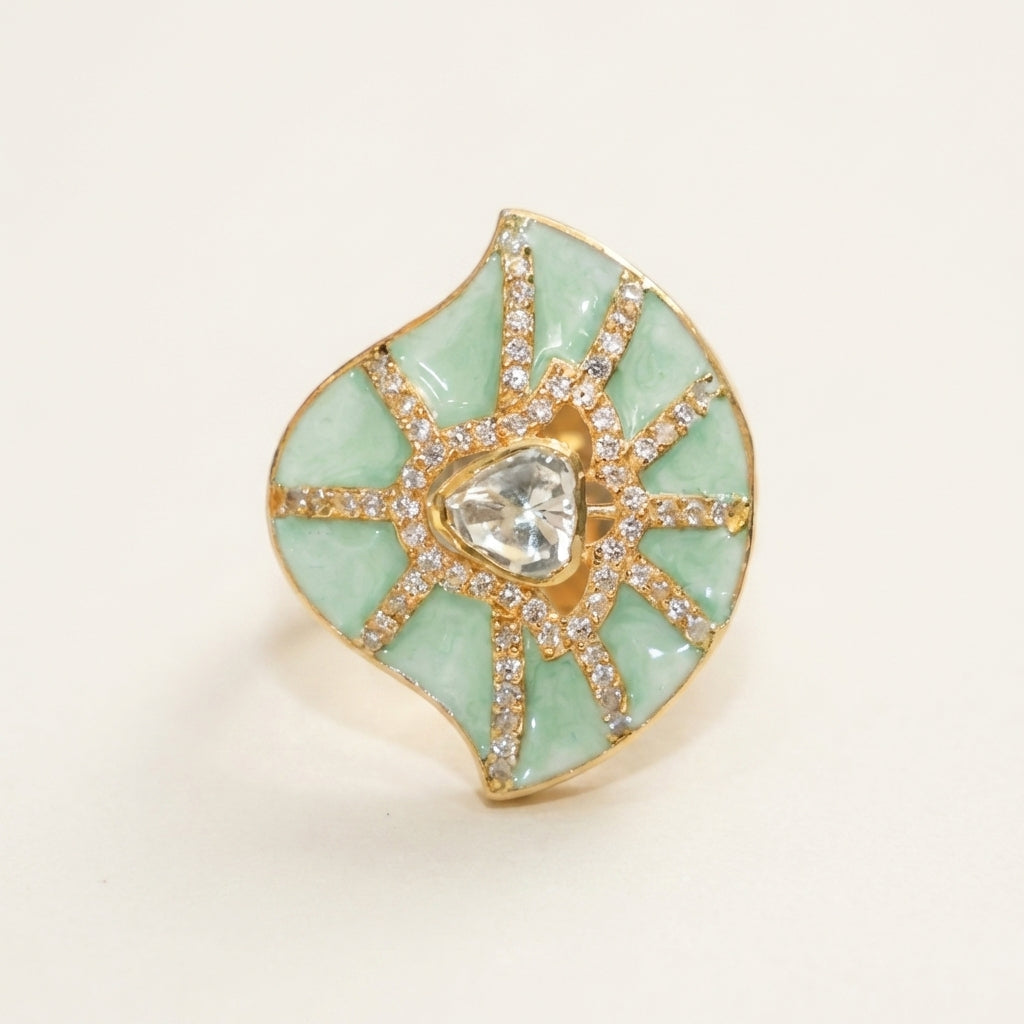 Close-up of the green enamel fan motif on the ZEVARAZ Ratna Harit Pankha Enamel Silver Ring