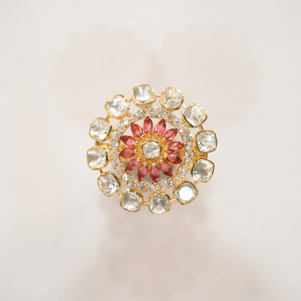 Studio front view of the ZEVARAZ Aabha Moonga Kamal Kundan Silver Ring