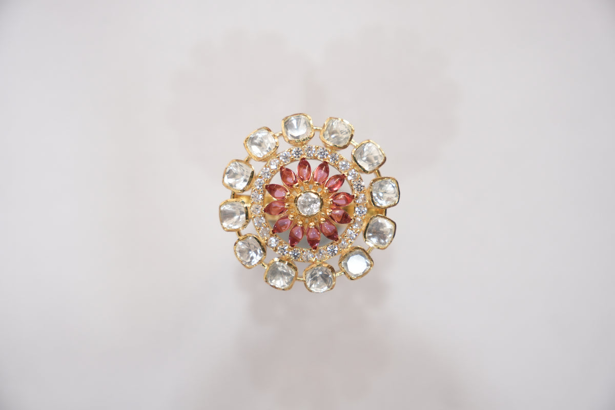 Catalog photograph of the ZEVARAZ Aabha Moonga Kamal Kundan Silver Ring