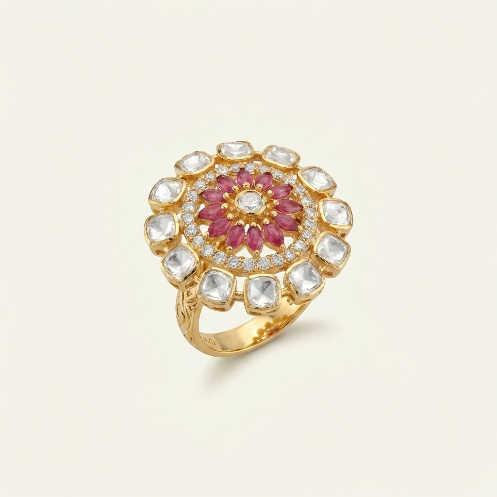 Angled studio view of the ZEVARAZ Aabha Moonga Kamal Kundan Silver Ring