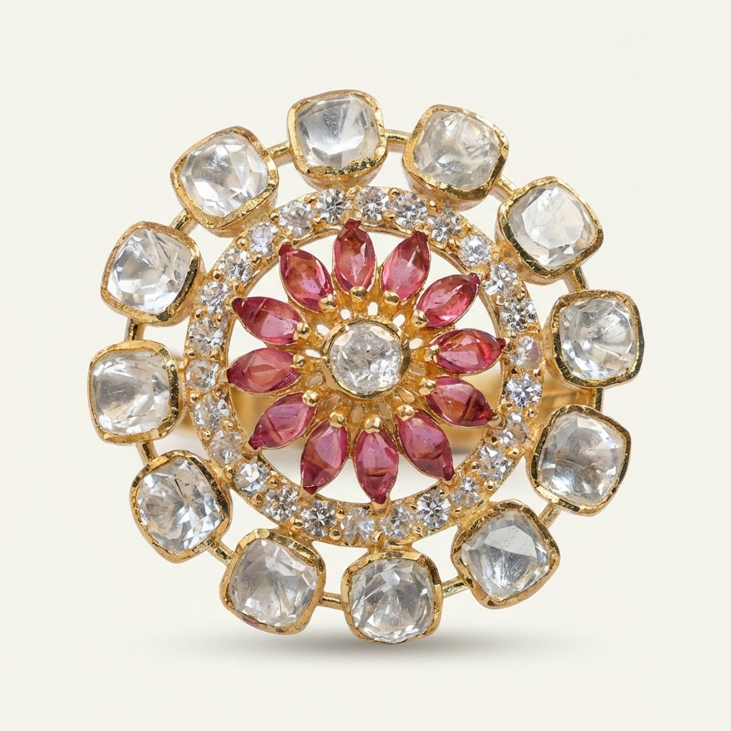 Side profile view of the ZEVARAZ Aabha Moonga Kamal Kundan Silver Ring