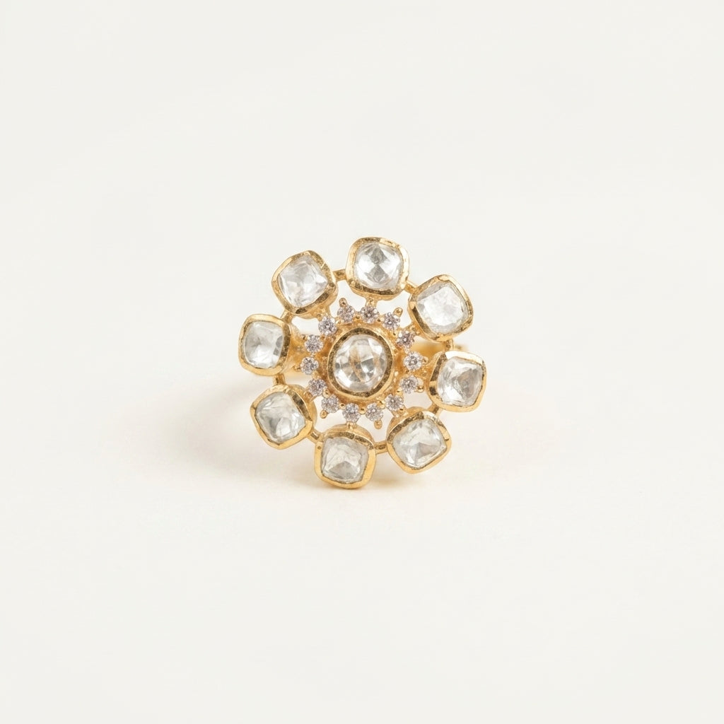 Studio front view of the ZEVARAZ Aabha Shwet Pushp Kundan Silver Ring