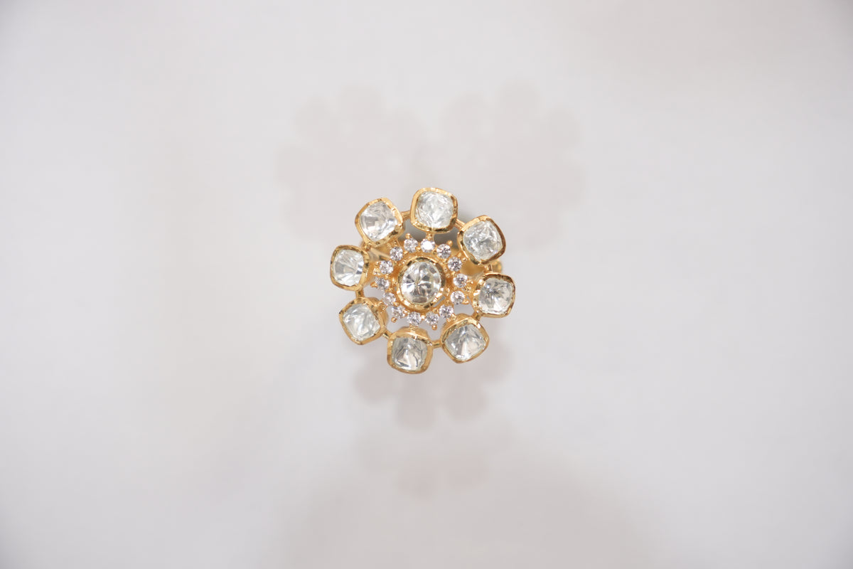 Catalog photograph of the ZEVARAZ Aabha Shwet Pushp Kundan Silver Ring