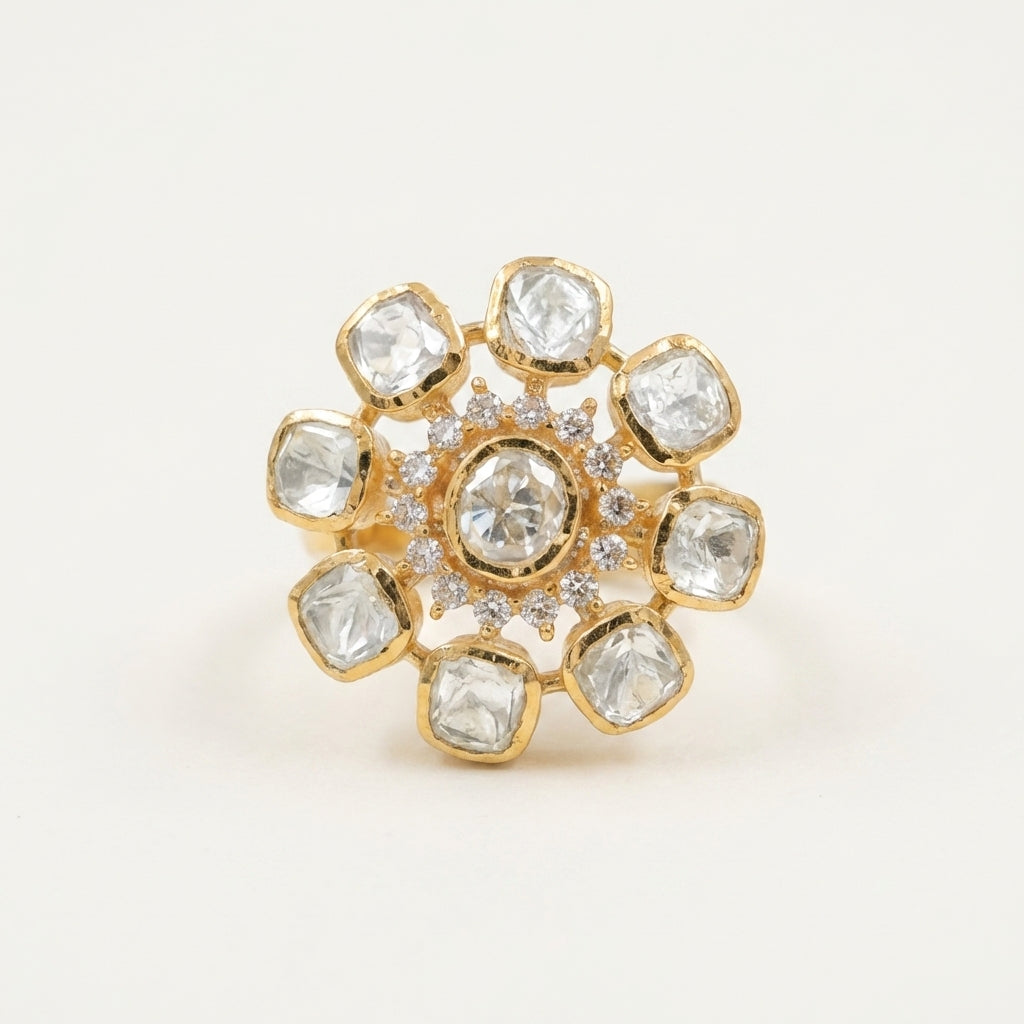 Angled studio view of the ZEVARAZ Aabha Shwet Pushp Kundan Silver Ring