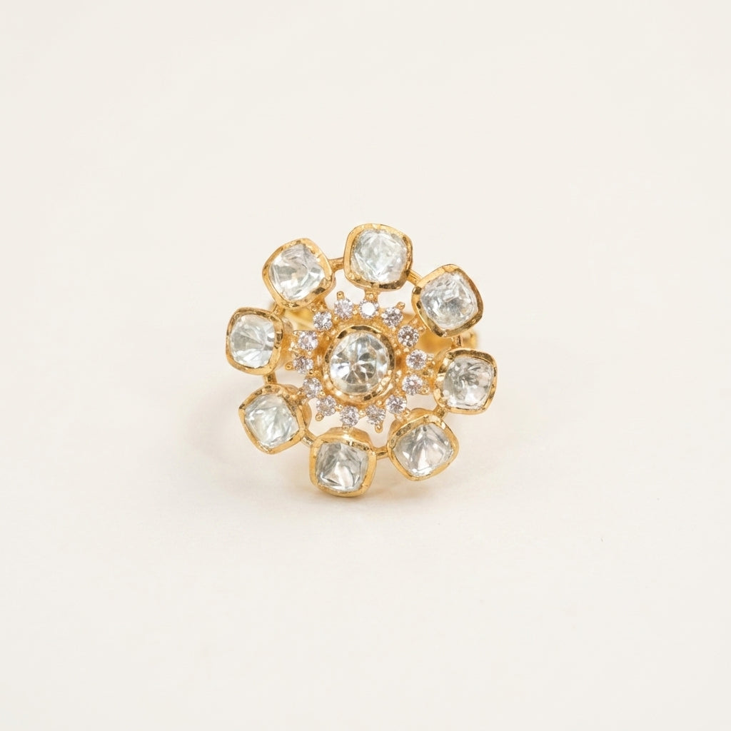 Side profile view of the ZEVARAZ Aabha Shwet Pushp Kundan Silver Ring