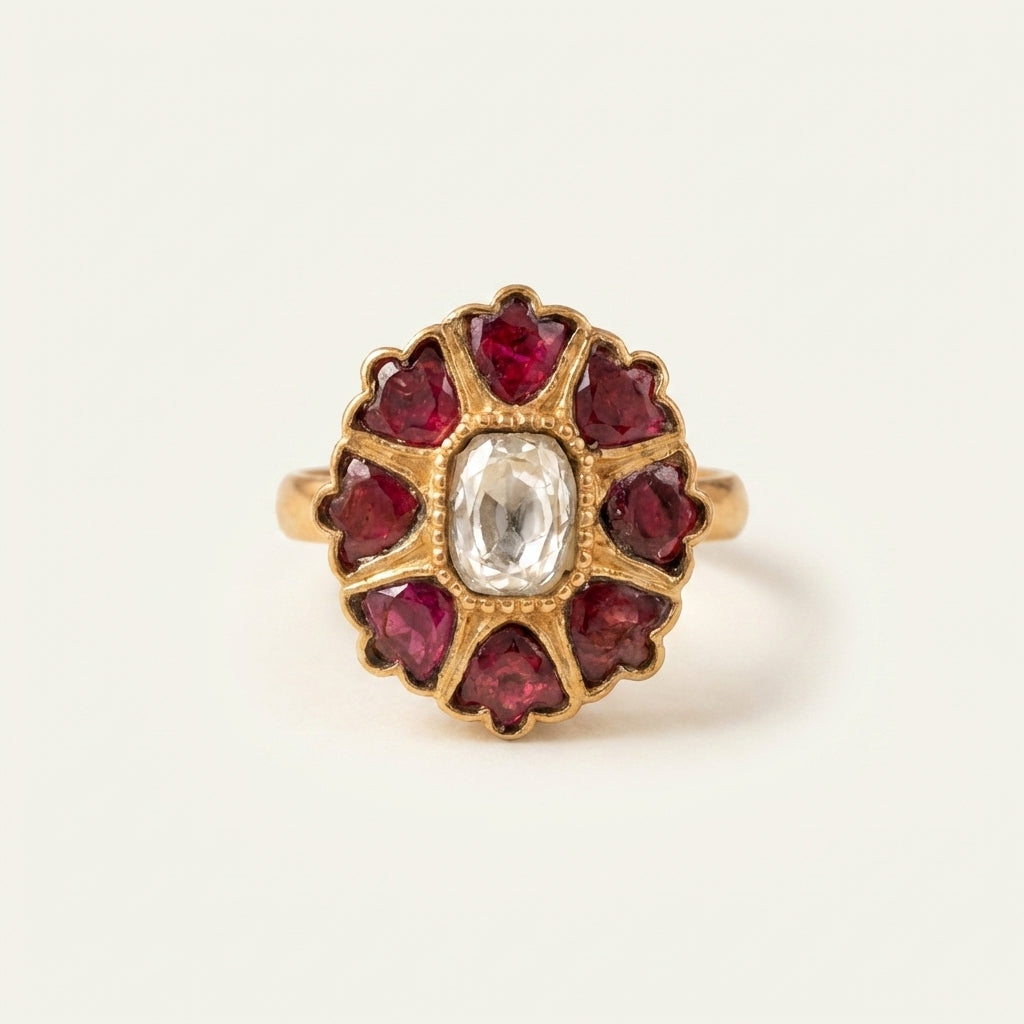 Studio front view of the ZEVARAZ Aabha Manak Chakra Kundan Silver Ring