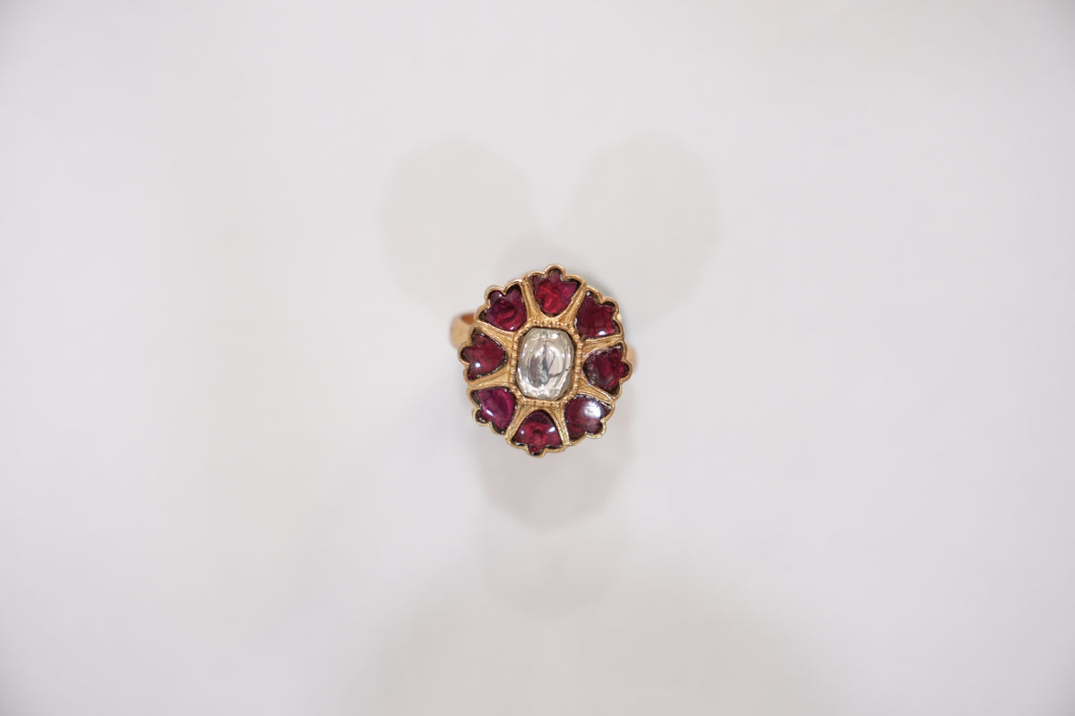 Catalog photograph of the ZEVARAZ Aabha Manak Chakra Kundan Silver Ring