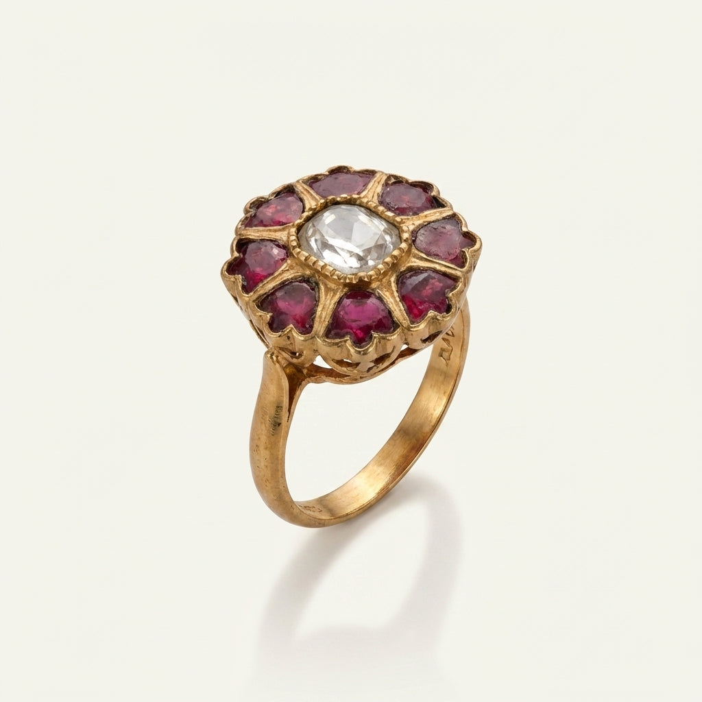 Angled studio view of the ZEVARAZ Aabha Manak Chakra Kundan Silver Ring