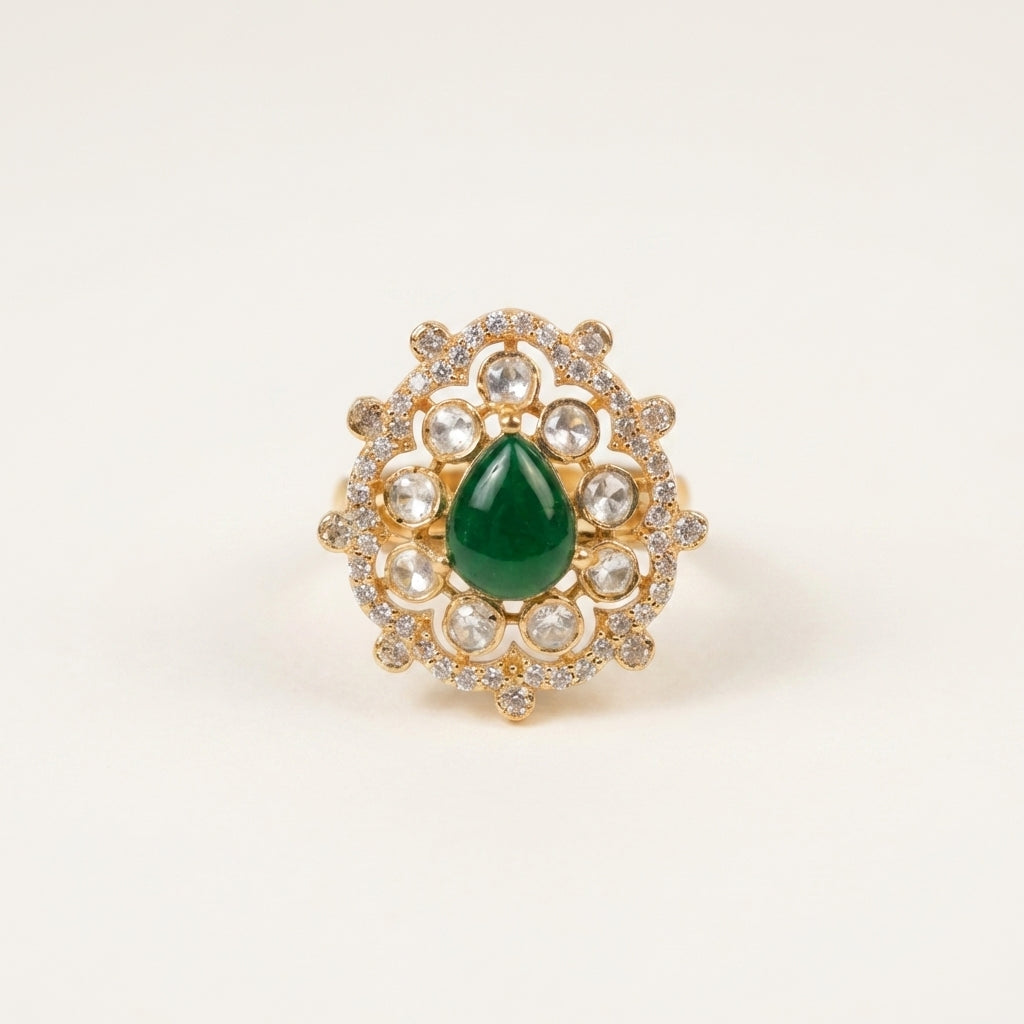 Studio front view of the ZEVARAZ Aabha Panna Boond Kundan Silver Ring