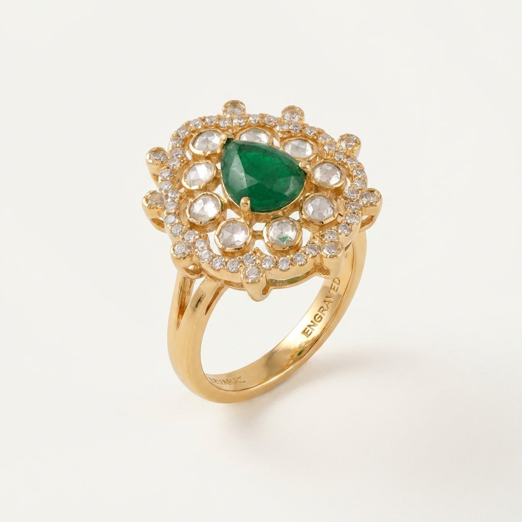 Angled studio view of the ZEVARAZ Aabha Panna Boond Kundan Silver Ring