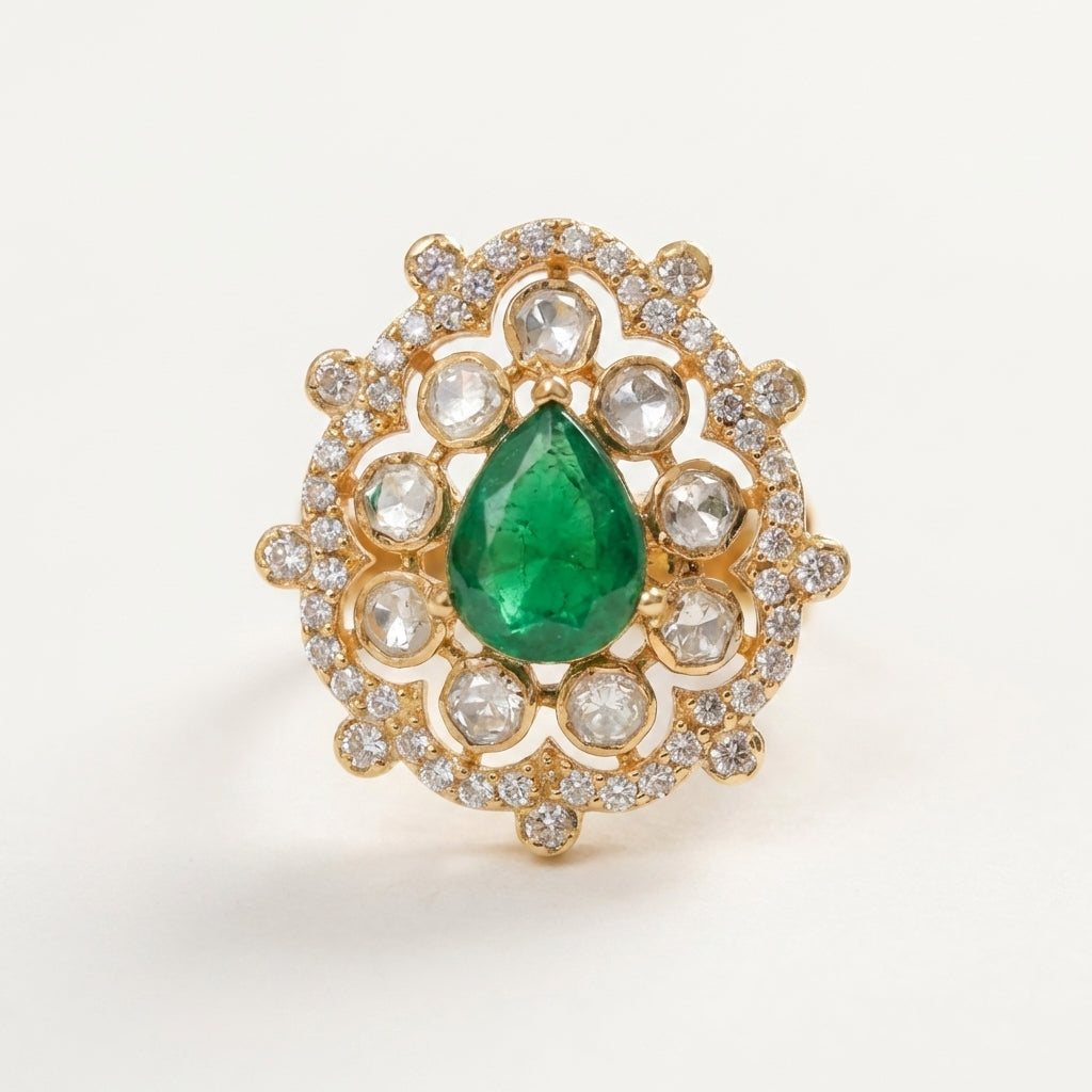 Side profile view of the ZEVARAZ Aabha Panna Boond Kundan Silver Ring