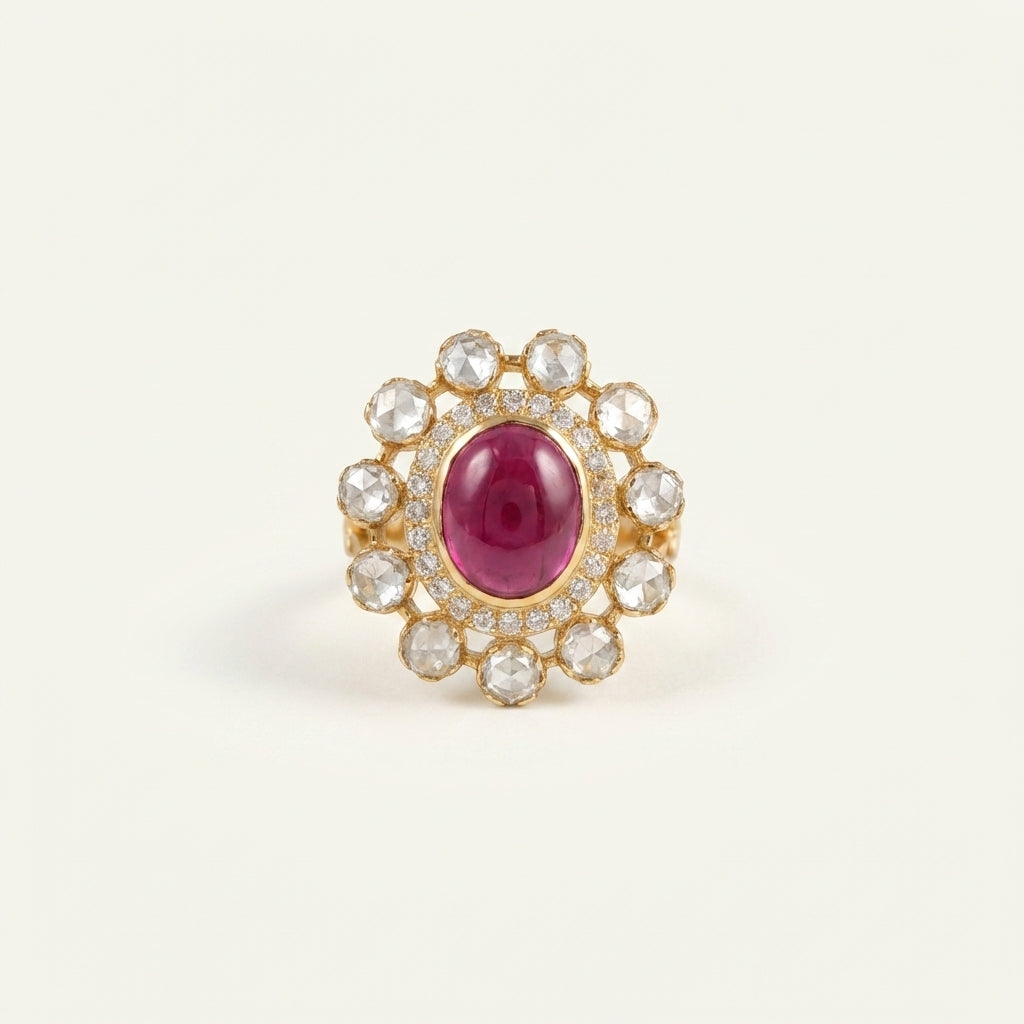 Studio front view of the ZEVARAZ Aabha Manak Bindi Kundan Silver Ring