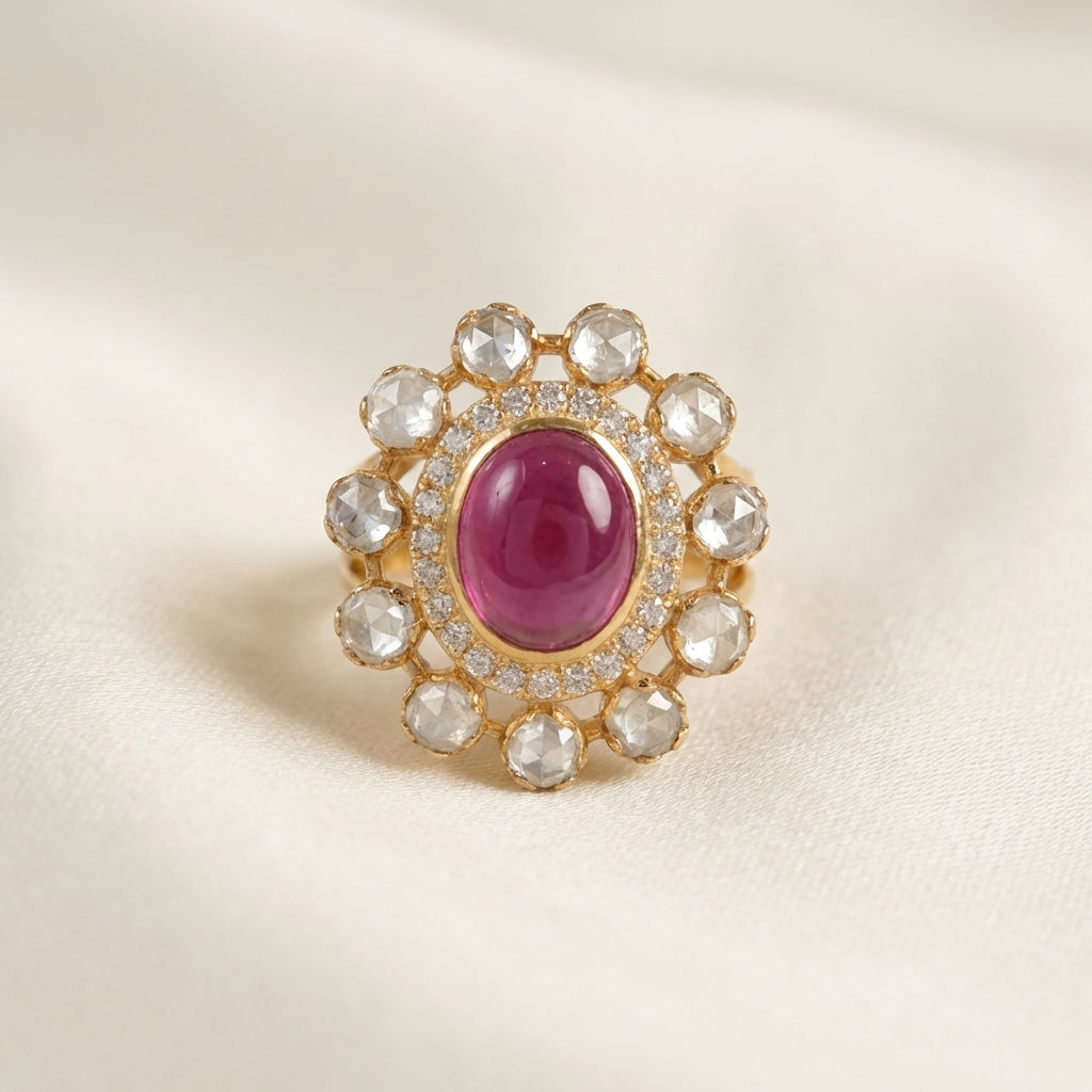 Close-up of the kundan stone setting on the ZEVARAZ Aabha Manak Bindi Kundan Silver Ring
