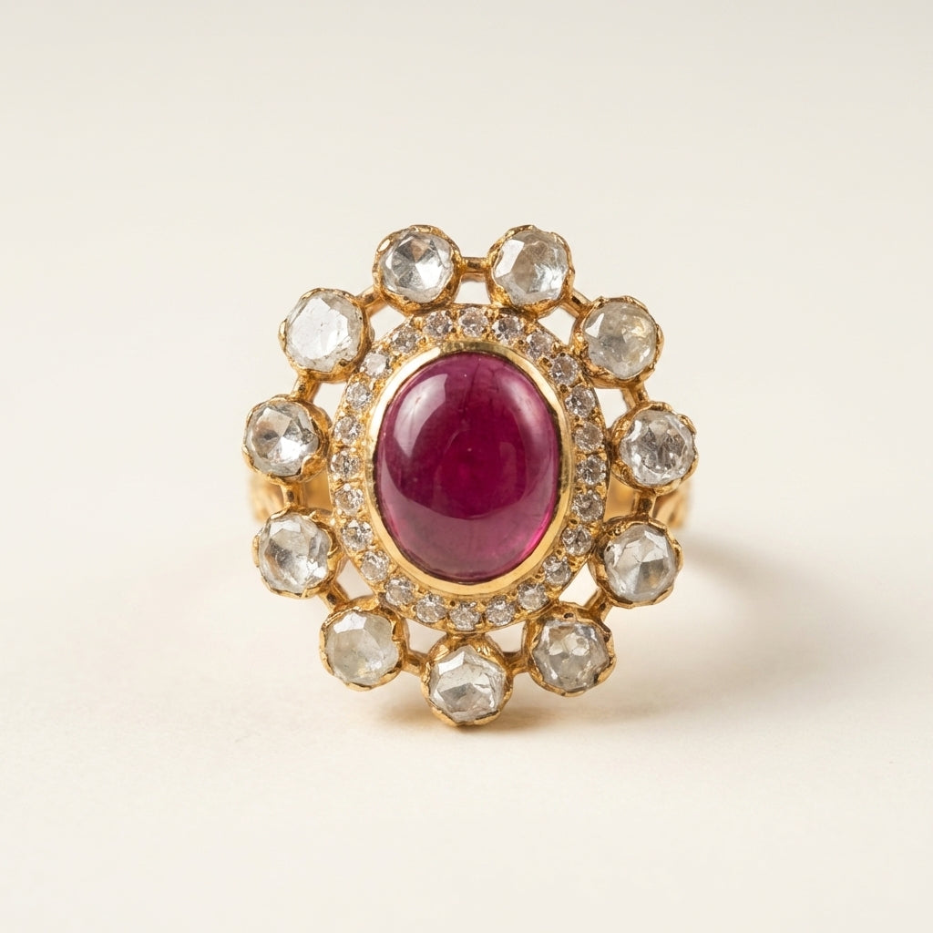 Side profile view of the ZEVARAZ Aabha Manak Bindi Kundan Silver Ring