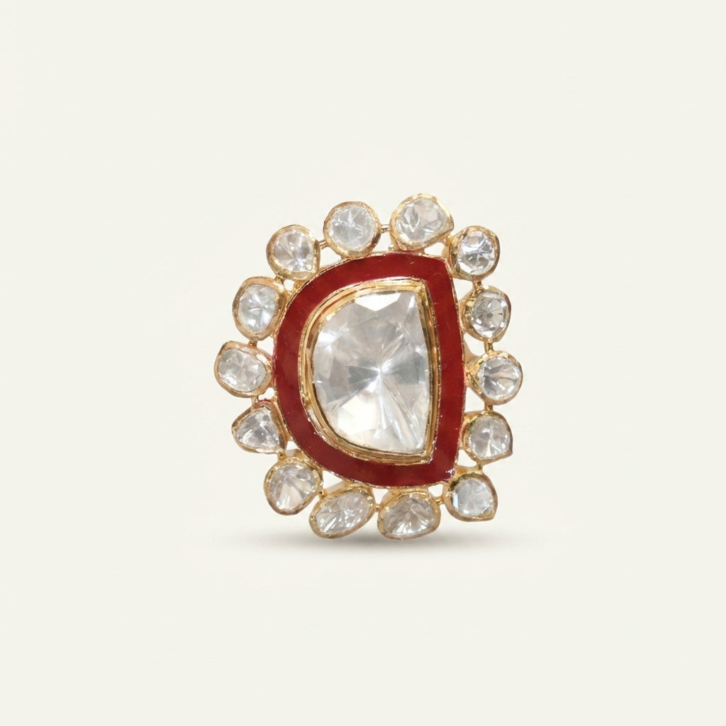 Studio front view of the ZEVARAZ Aabha Laal Meena Kundan Silver Ring