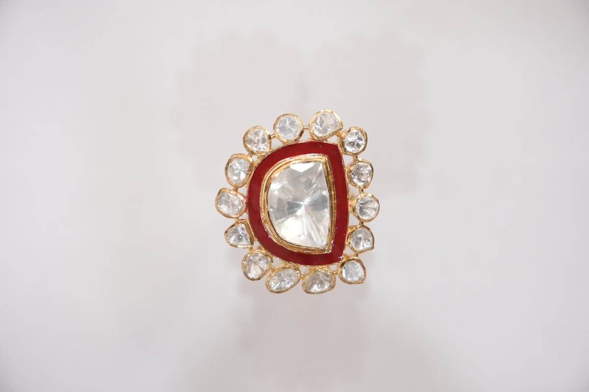 Catalog photograph of the ZEVARAZ Aabha Laal Meena Kundan Silver Ring