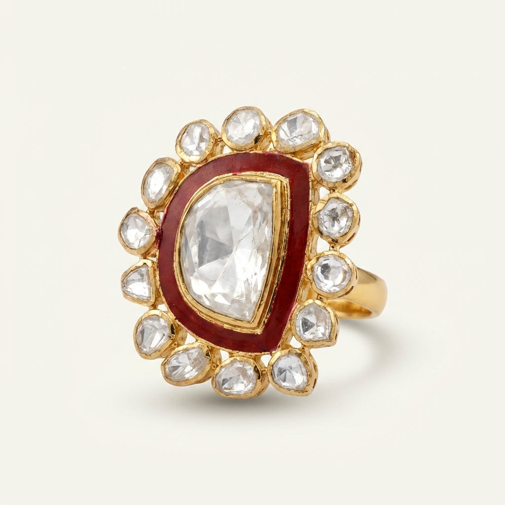Angled studio view of the ZEVARAZ Aabha Laal Meena Kundan Silver Ring