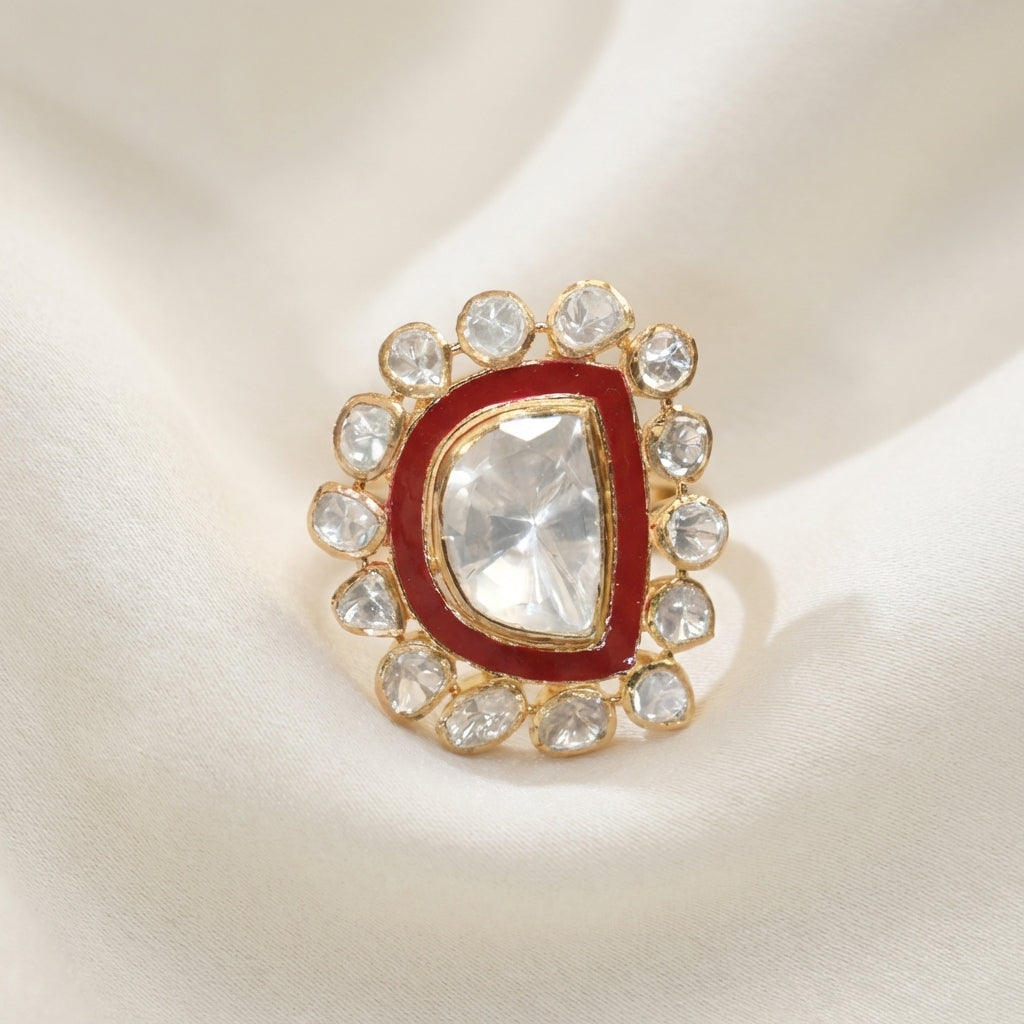 Close-up of the red meena and kundan work on the ZEVARAZ Aabha Laal Meena Kundan Silver Ring