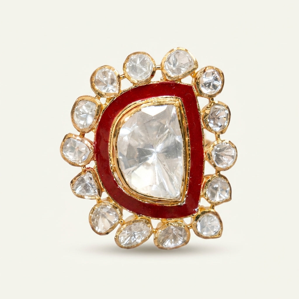 Side profile view of the ZEVARAZ Aabha Laal Meena Kundan Silver Ring