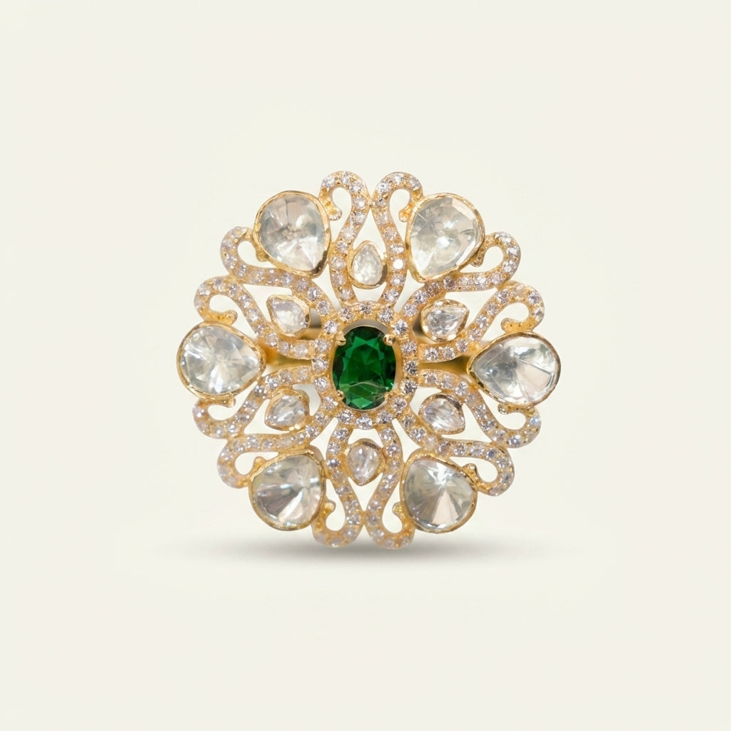 Studio front view of the ZEVARAZ Aabha Panna Jaali Kundan Silver Ring