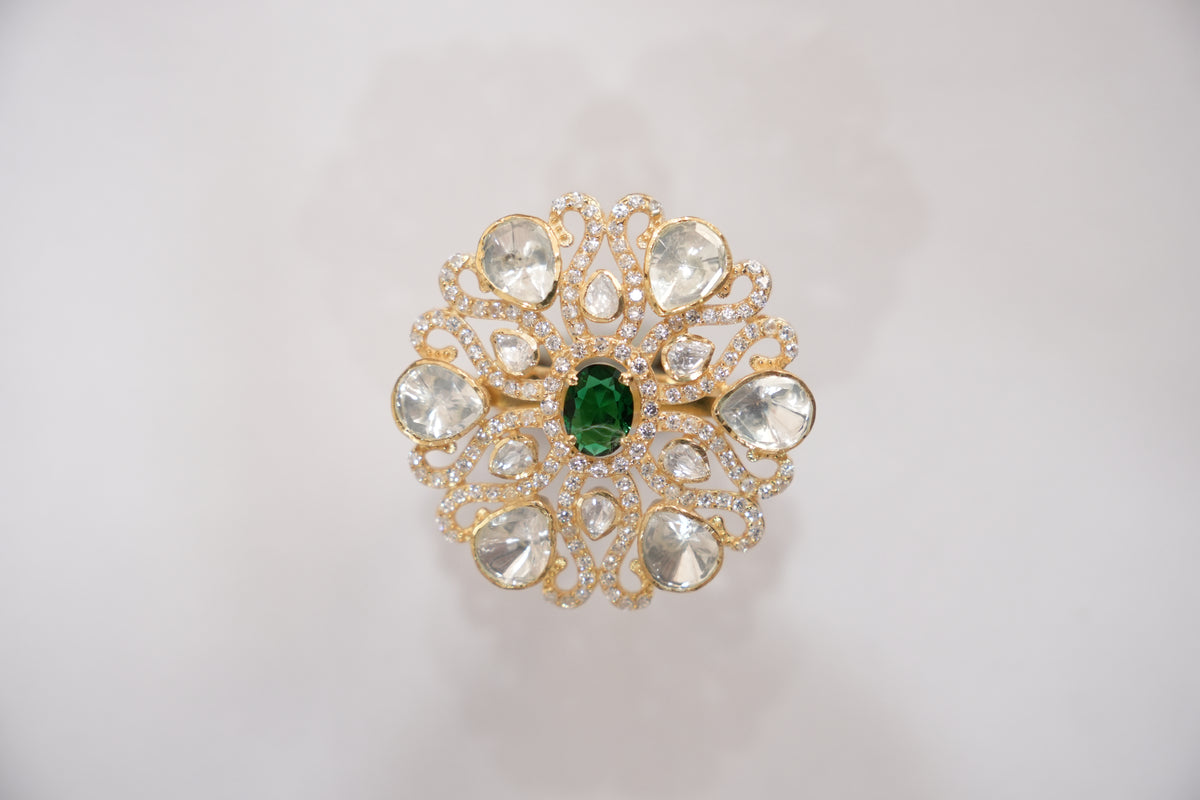 Catalog photograph of the ZEVARAZ Aabha Panna Jaali Kundan Silver Ring