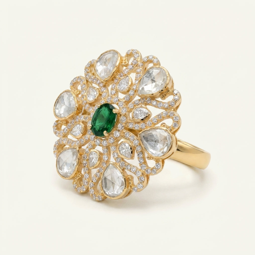 Angled studio view of the ZEVARAZ Aabha Panna Jaali Kundan Silver Ring