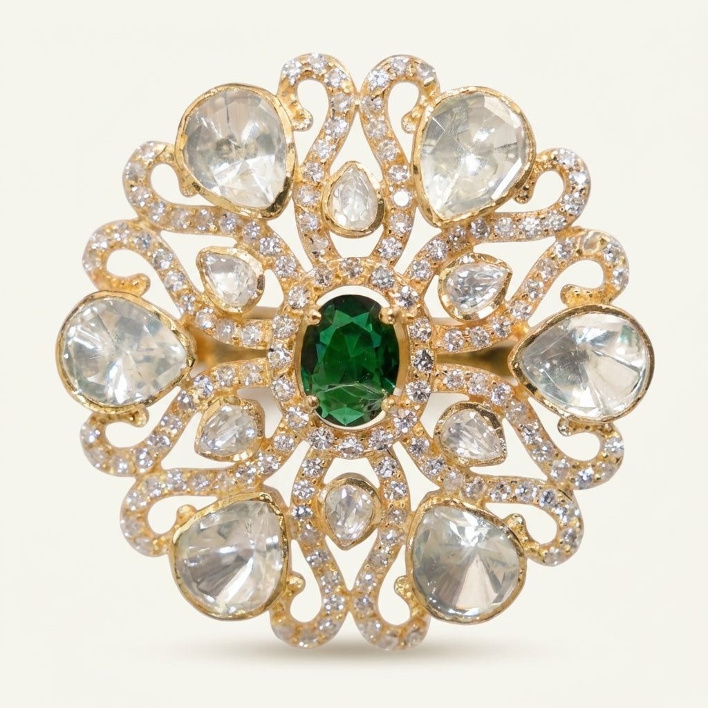 Side profile view of the ZEVARAZ Aabha Panna Jaali Kundan Silver Ring