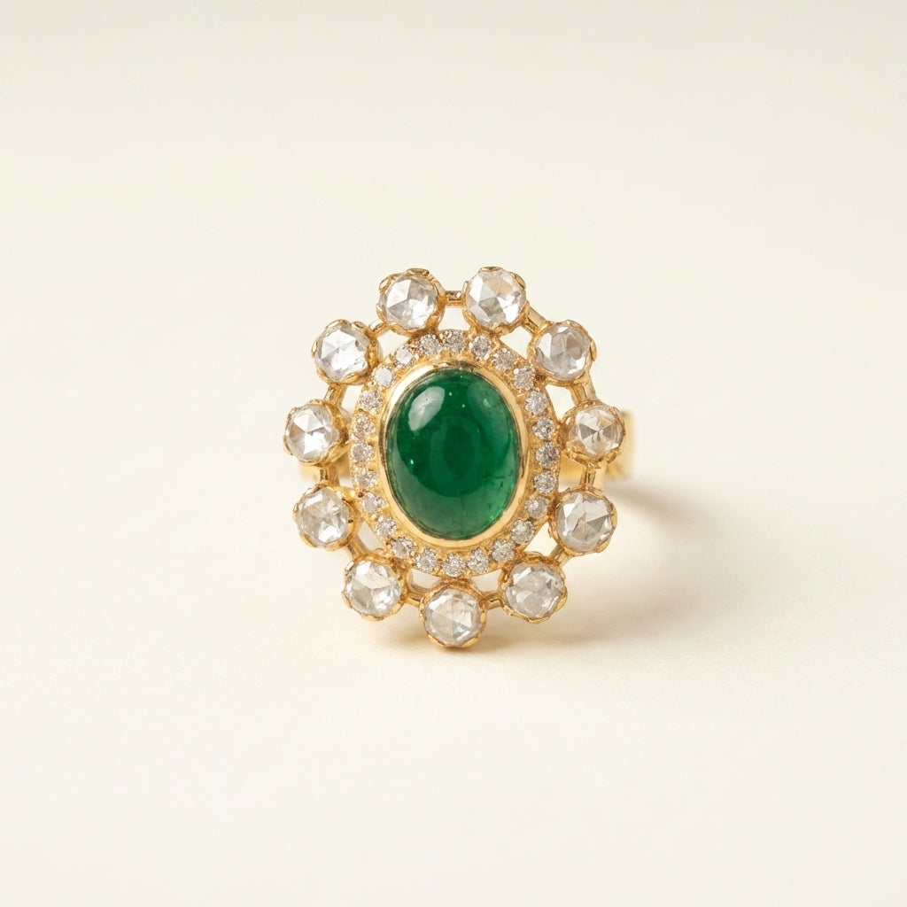 Front catalog view of the ZEVARAZ Aabha Panna Bindi Kundan Silver Ring