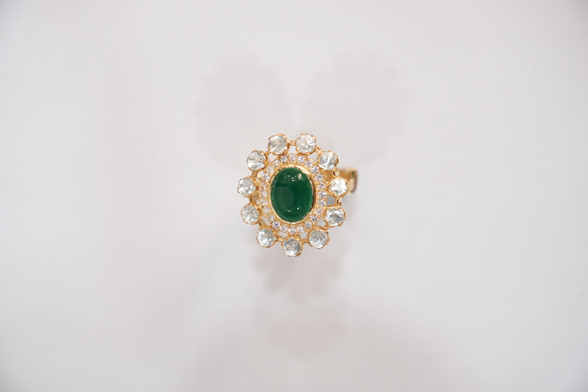 Studio catalog photo of the ZEVARAZ Aabha Panna Bindi Kundan Silver Ring