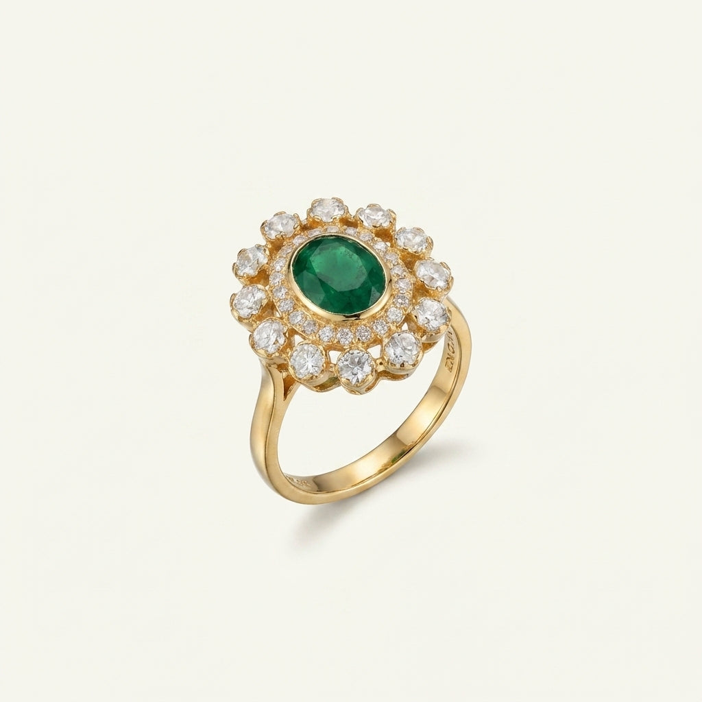 Angled view of the ZEVARAZ Aabha Panna Bindi Kundan Silver Ring showing the emerald-green kundan centre