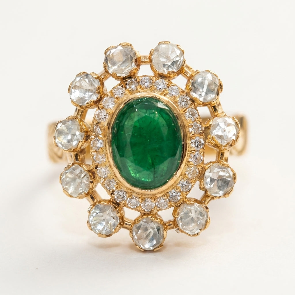 Styled studio shot of the ZEVARAZ Aabha Panna Bindi Kundan Silver Ring