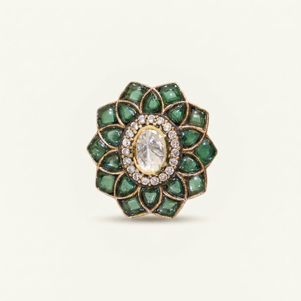 Front catalog view of the ZEVARAZ Aabha Harit Kamal Kundan Silver Ring