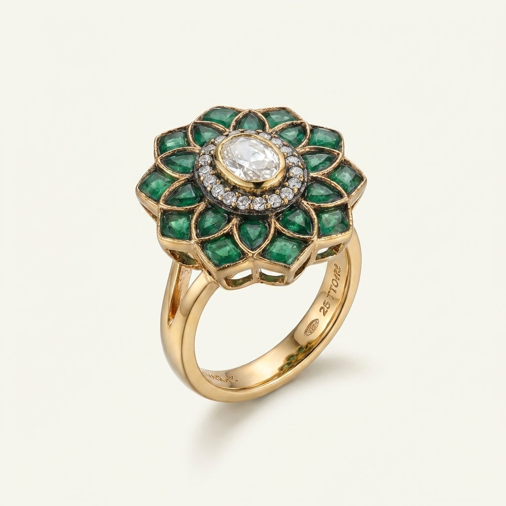 Angled view of the ZEVARAZ Aabha Harit Kamal Kundan Silver Ring showing the green lotus kundan motif