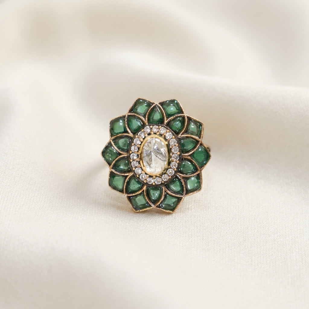 Close-up detail of the lotus kundan work on the ZEVARAZ Aabha Harit Kamal Kundan Silver Ring