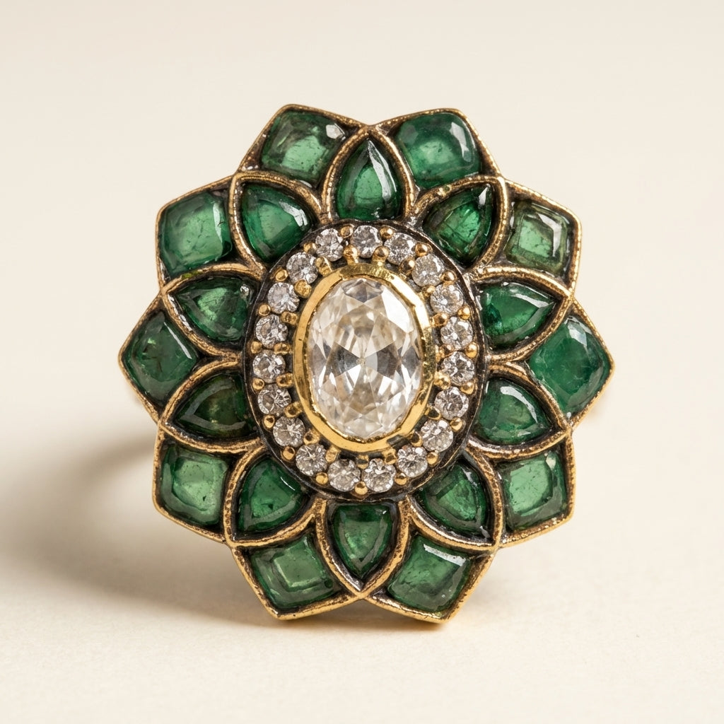 Styled studio shot of the ZEVARAZ Aabha Harit Kamal Kundan Silver Ring