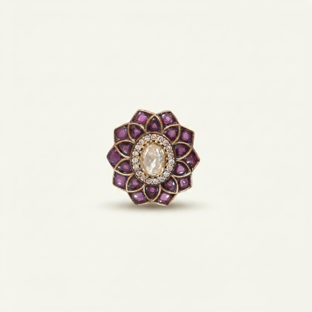 Front catalog view of the ZEVARAZ Aabha Jamuni Kamal Kundan Silver Ring
