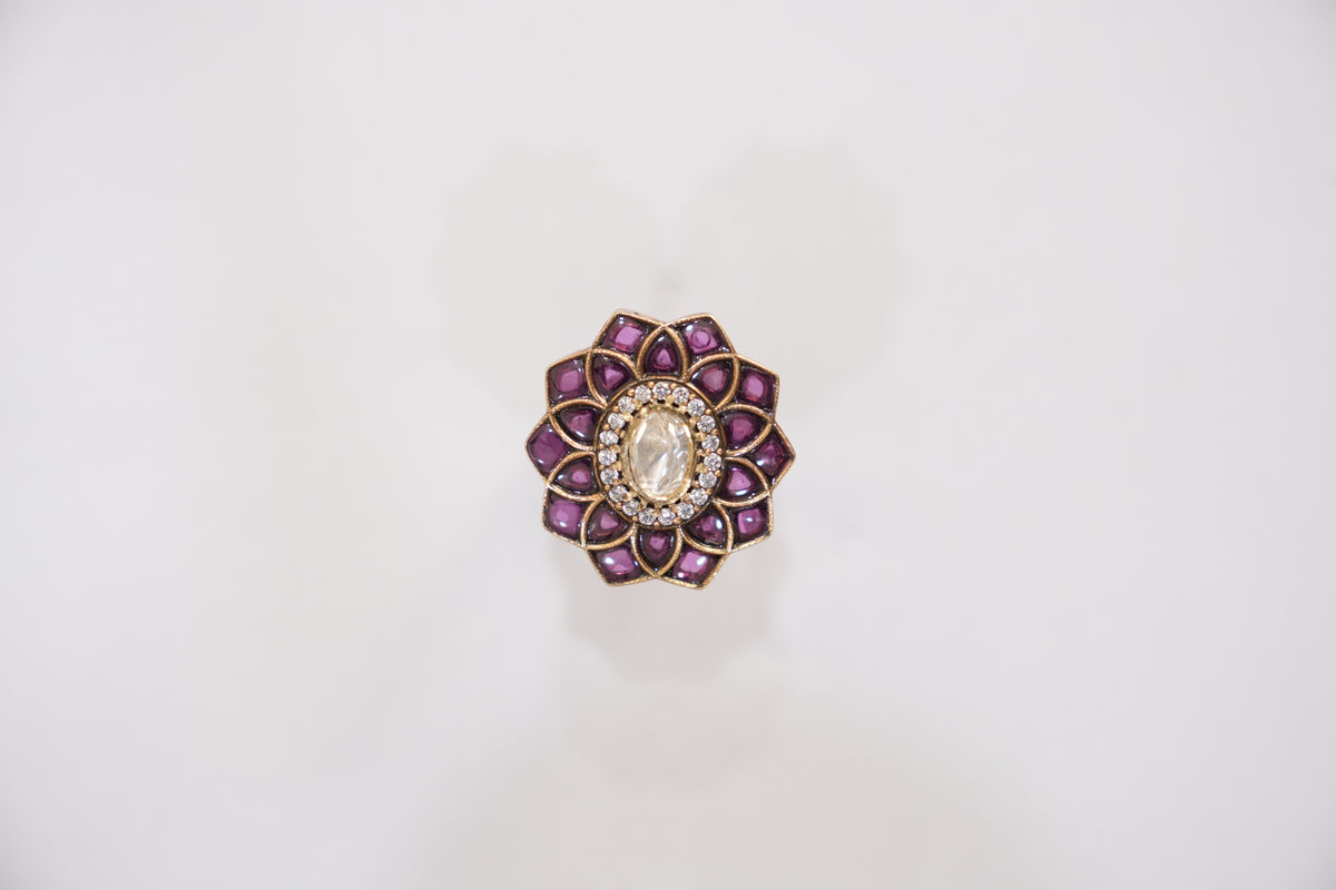 Studio catalog photo of the ZEVARAZ Aabha Jamuni Kamal Kundan Silver Ring
